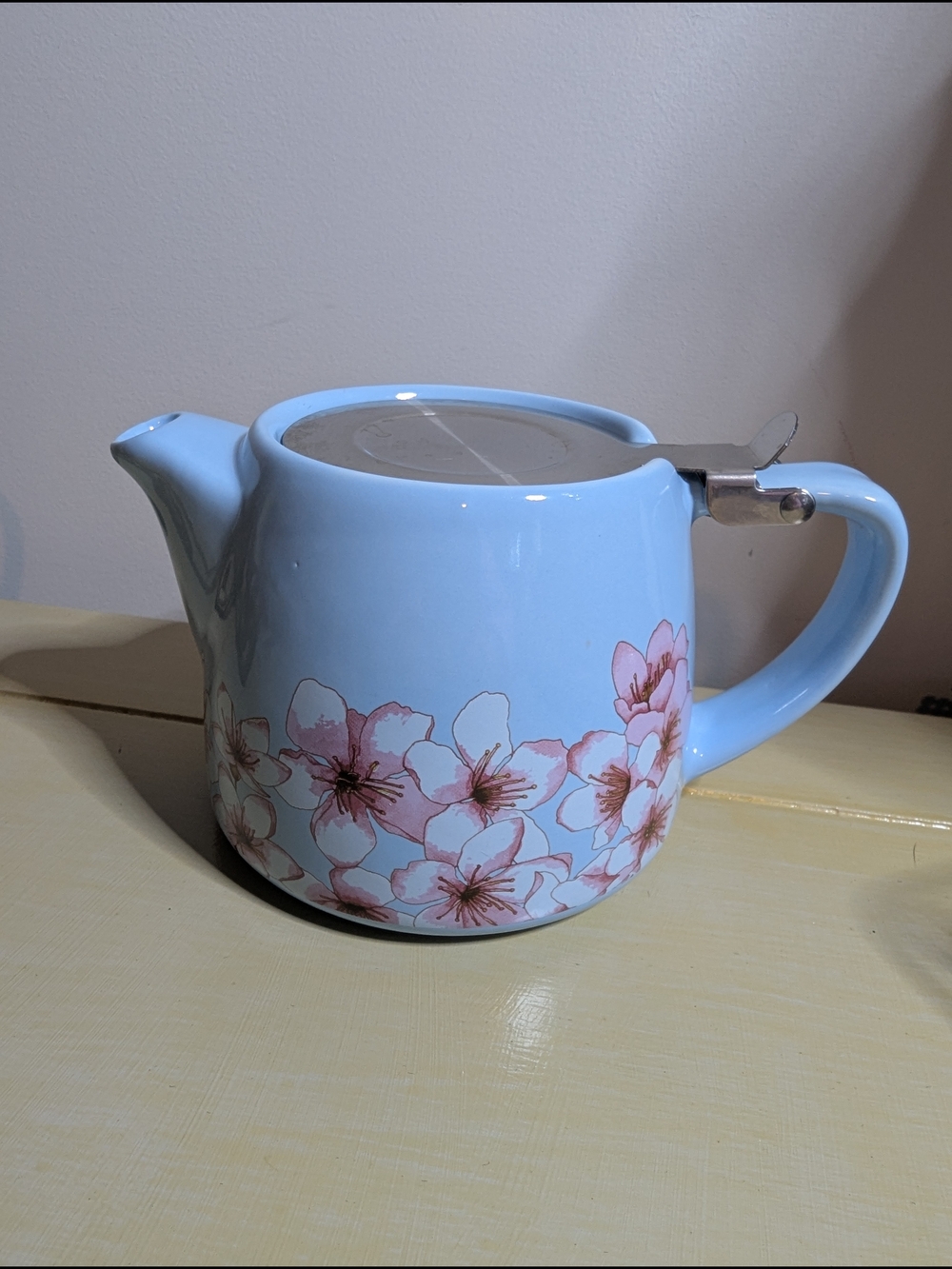 Blue Floral Ceramic Teapot with Pink Cherry Blossoms